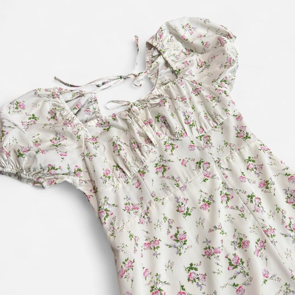NooR White & Pink Floral Pattern Cottagecore Puff Sleeve Milkmaid Midi Dress - Picture 7 of 8